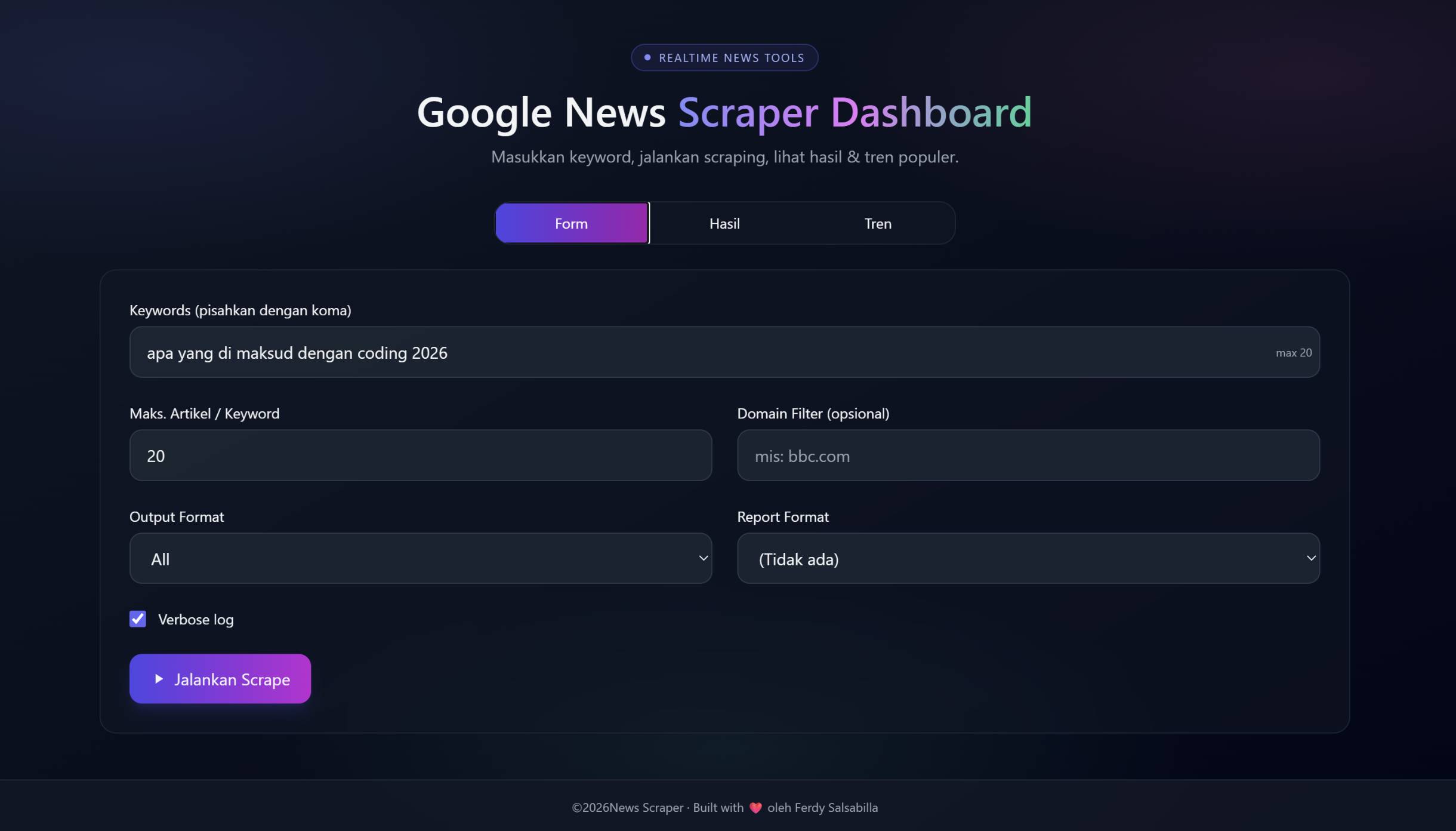 Google News Scraper Dashboard preview 2